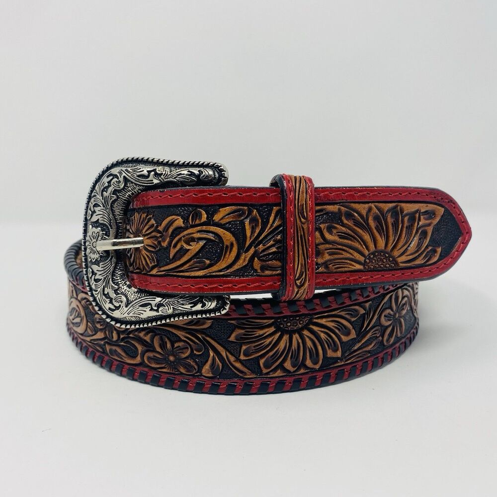 American Darling 44 Red Floral Hand Tooled Leather Belt Western Unisex USA Rodeo